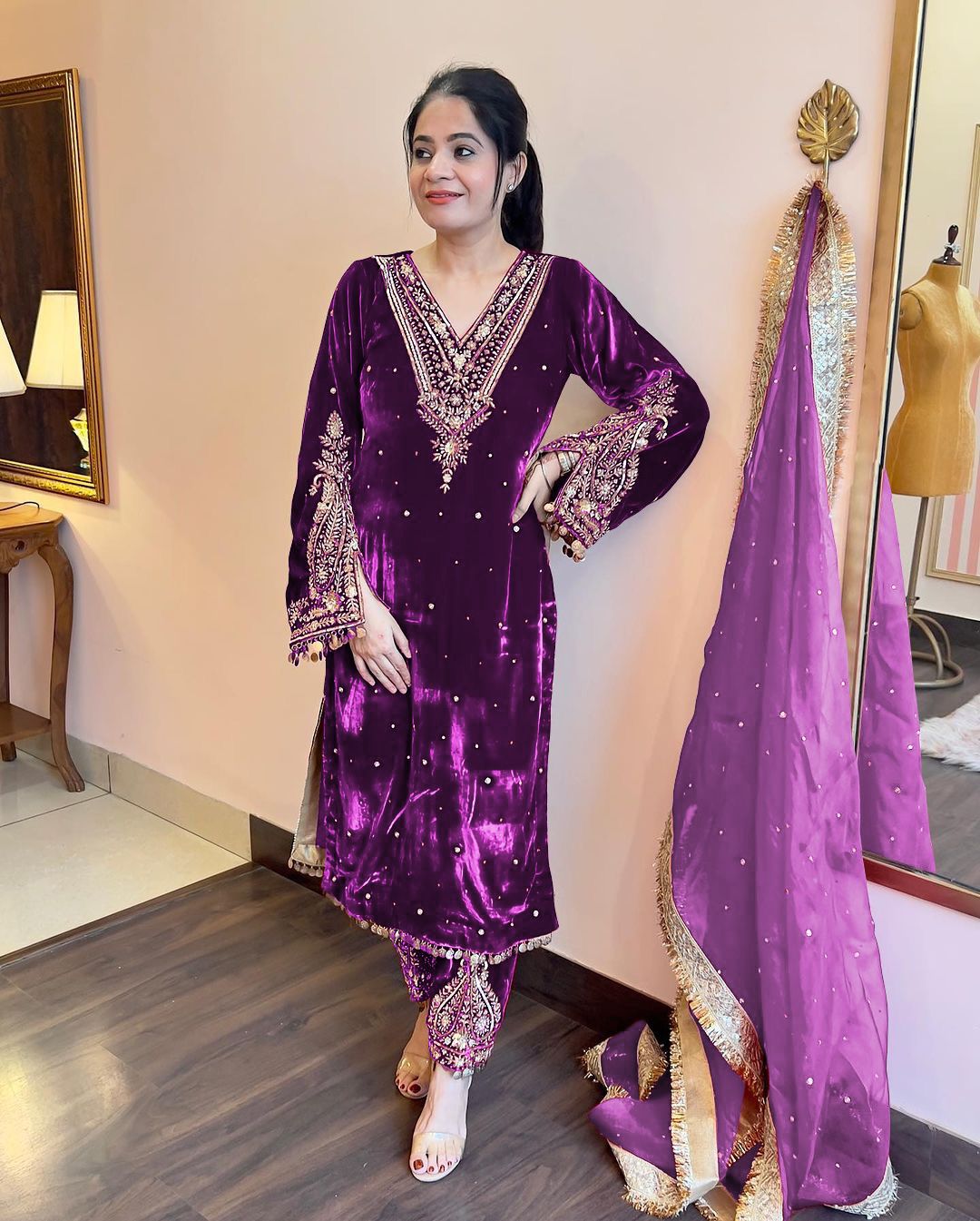 Beautiful Work Purple Color Velvet Suit