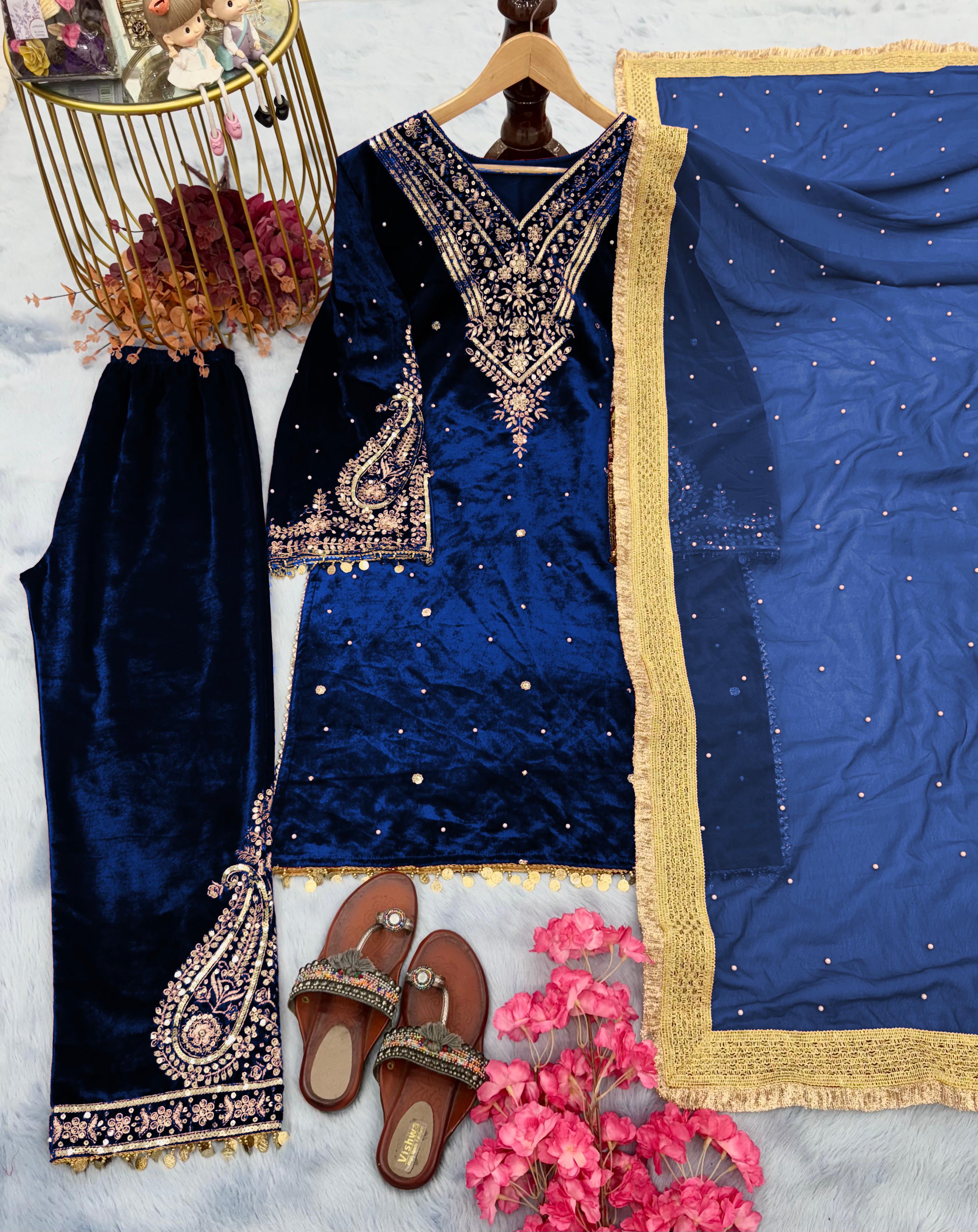 Beautiful Work Blue Color Velvet Suit