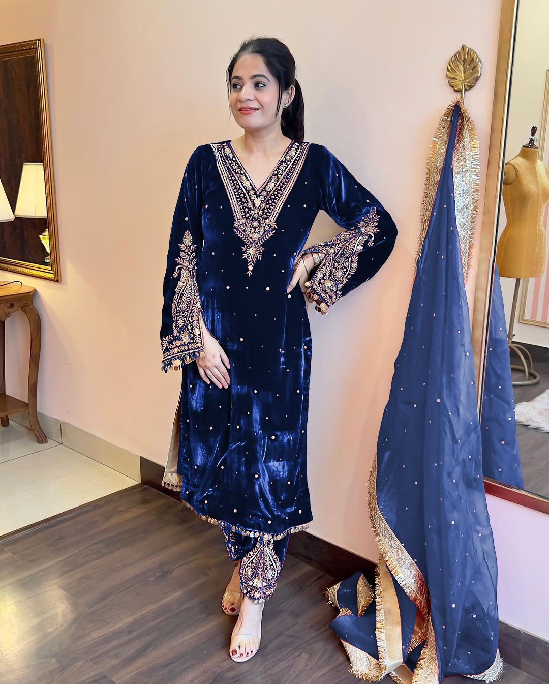 Beautiful Work Blue Color Velvet Suit