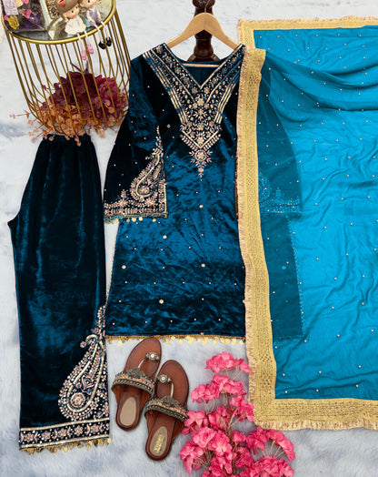 Beautiful Work Teal Blue Color Velvet Suit