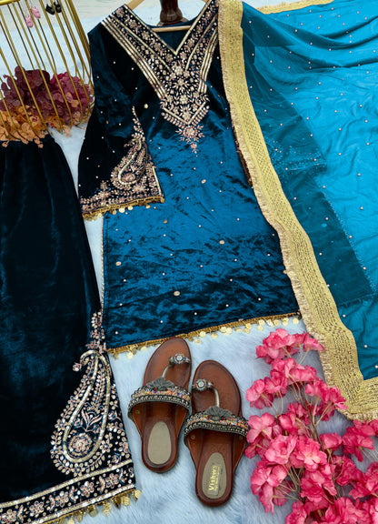 Beautiful Work Teal Blue Color Velvet Suit