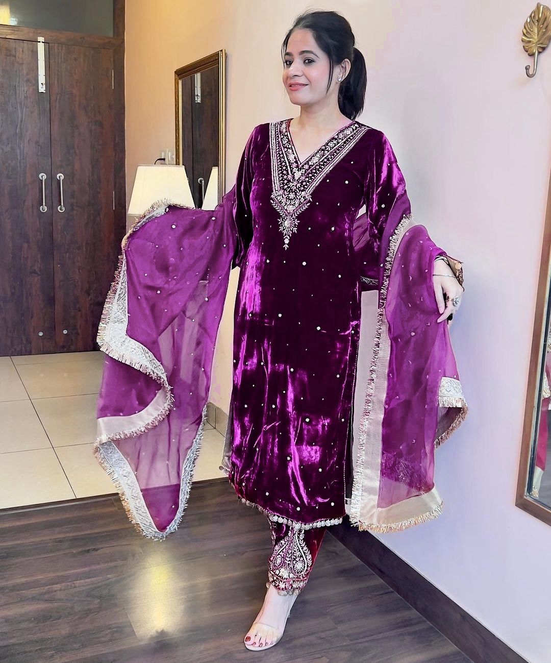 Beautiful Work Purple Color Velvet Suit