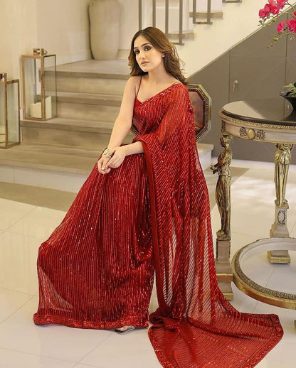 Attractive Sequence Embroidery Work Red Color Latest Saree