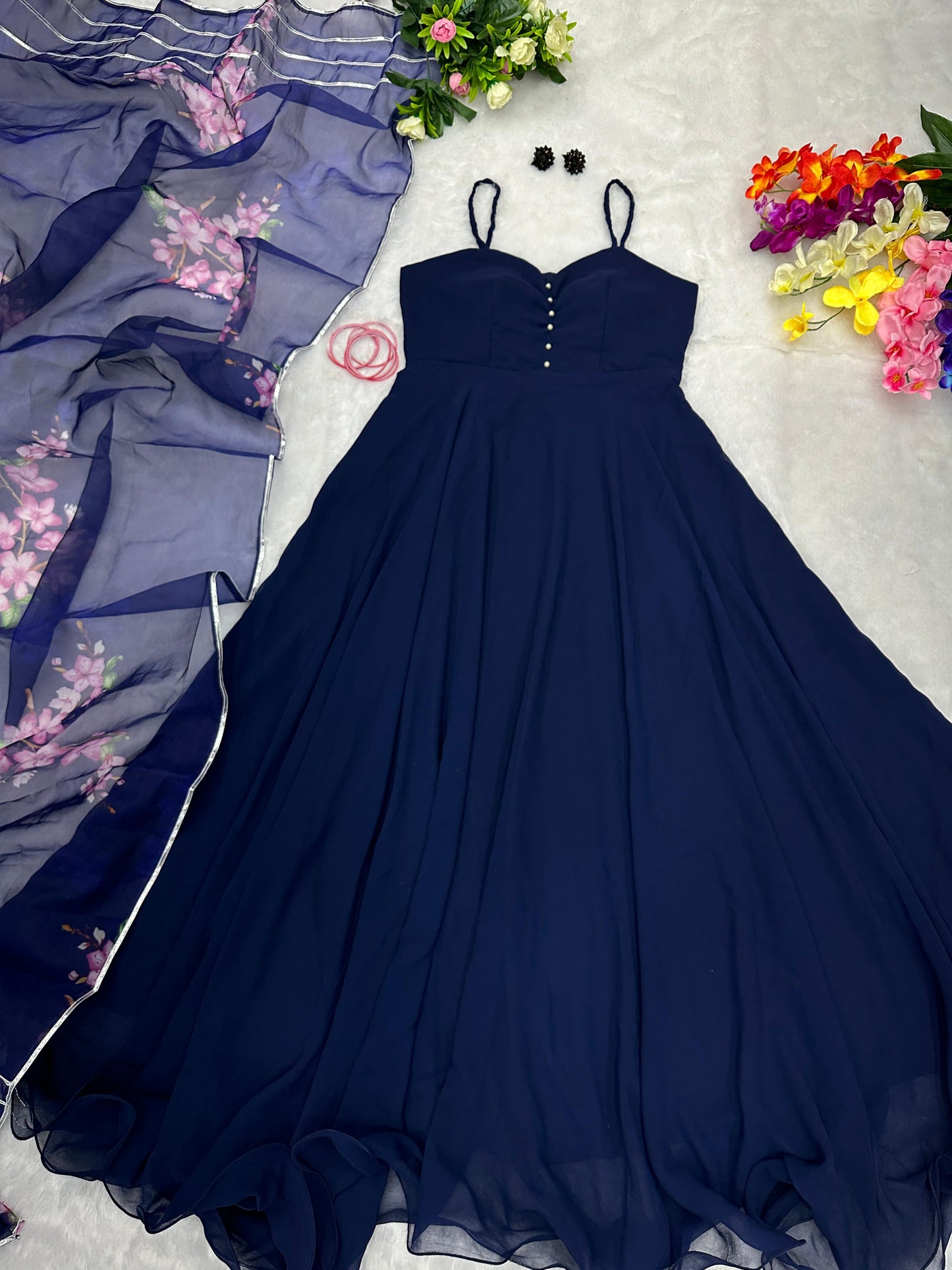 Navy Blue Plain Georgette Gown With Printed Dupatta