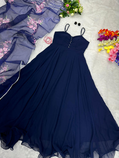 Navy Blue Plain Georgette Gown With Printed Dupatta