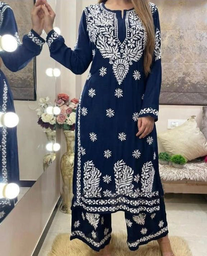 Glamour Chain Stitch Work Navy Blue Color Kurti With Palazzo