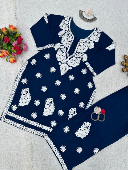 Glamour Chain Stitch Work Navy Blue Color Kurti With Palazzo