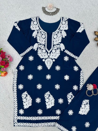 Glamour Chain Stitch Work Navy Blue Color Kurti With Palazzo