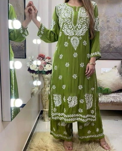 Glamour Chain Stitch Work Mehndi Color Kurti With Palazzo