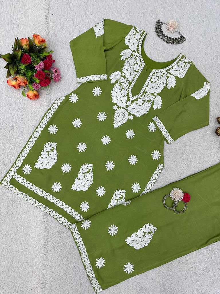 Glamour Chain Stitch Work Mehndi Color Kurti With Palazzo