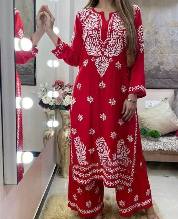 Glamour Chain Stitch Work Red Color Kurti With Palazzo