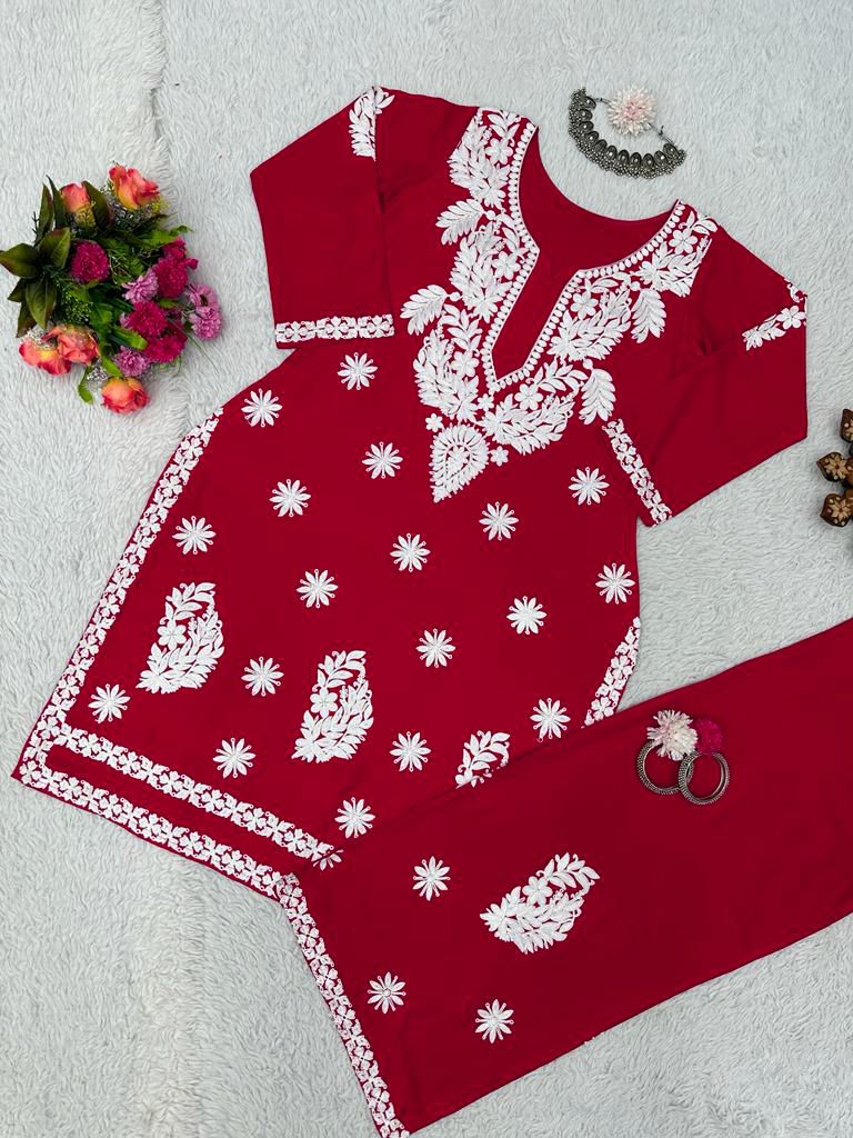 Glamour Chain Stitch Work Red Color Kurti With Palazzo