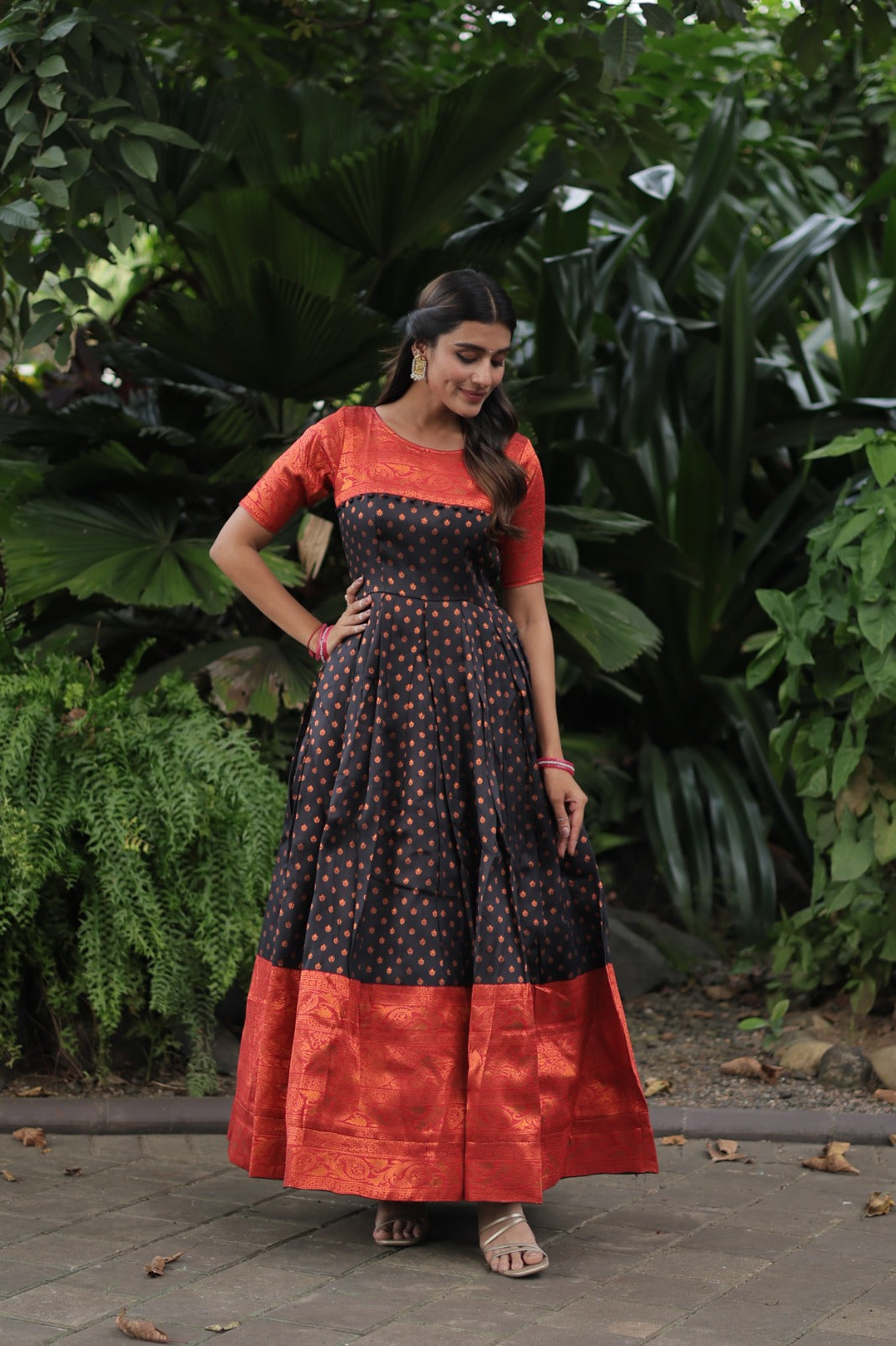 Banarasi Jacquard Silk Black Color Designer Weaving Long Gown