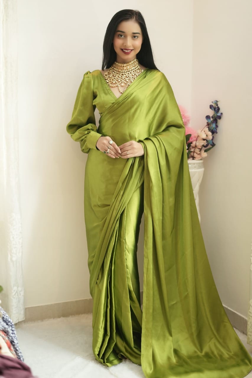 Plain Satin Silk Mehndi Color Trendy Ready To Wear Saree