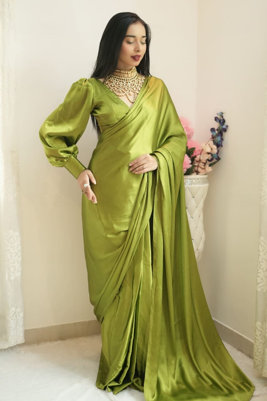 Plain Satin Silk Mehndi Color Trendy Ready To Wear Saree