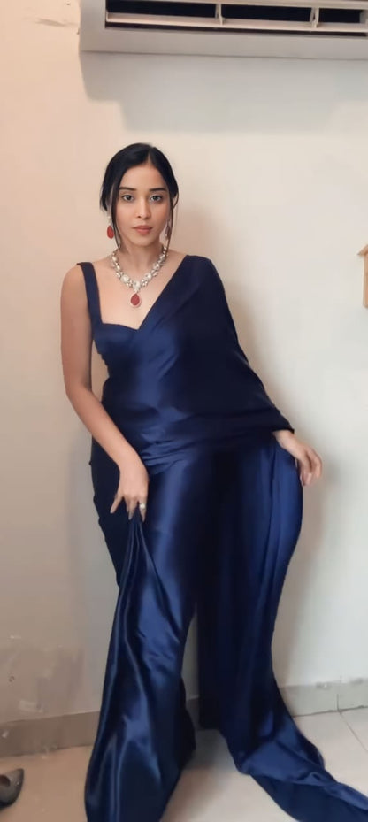 Plain Satin Silk Blue Color Trendy Ready To Wear Saree