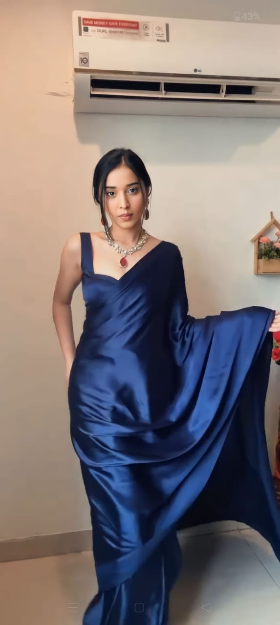 Plain Satin Silk Blue Color Trendy Ready To Wear Saree