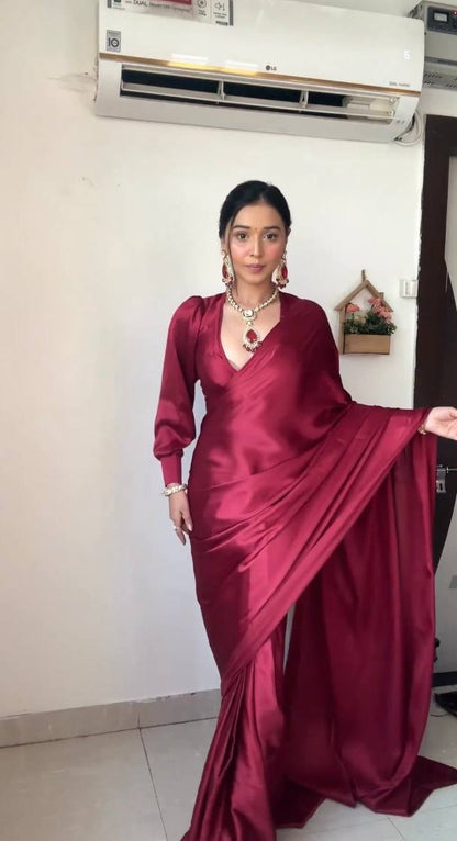 Plain Satin Silk Maroon Color Trendy Ready To Wear Saree