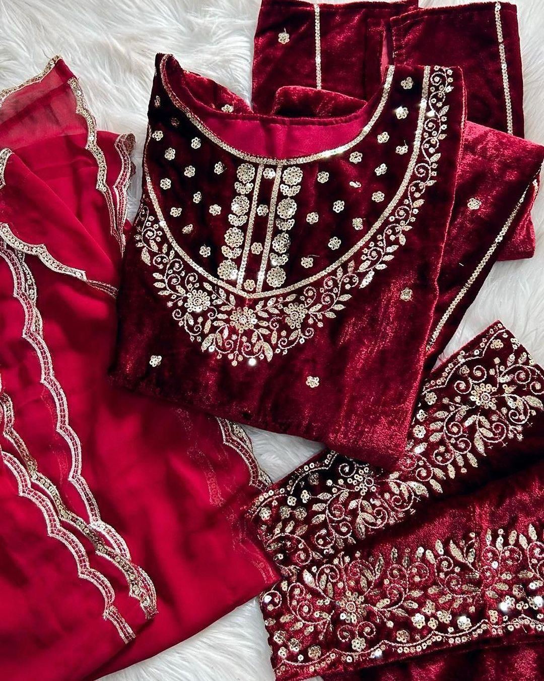 Maroon Viscose Velvet With Embroidery Work Pakistani Suit