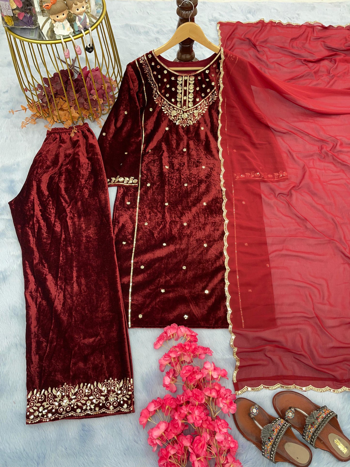 Maroon Viscose Velvet With Embroidery Work Pakistani Suit