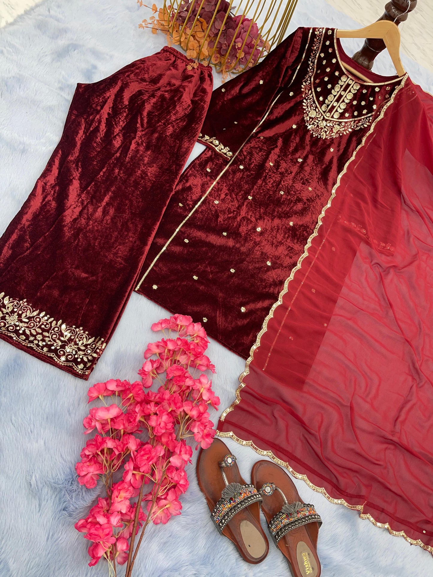 Maroon Viscose Velvet With Embroidery Work Pakistani Suit