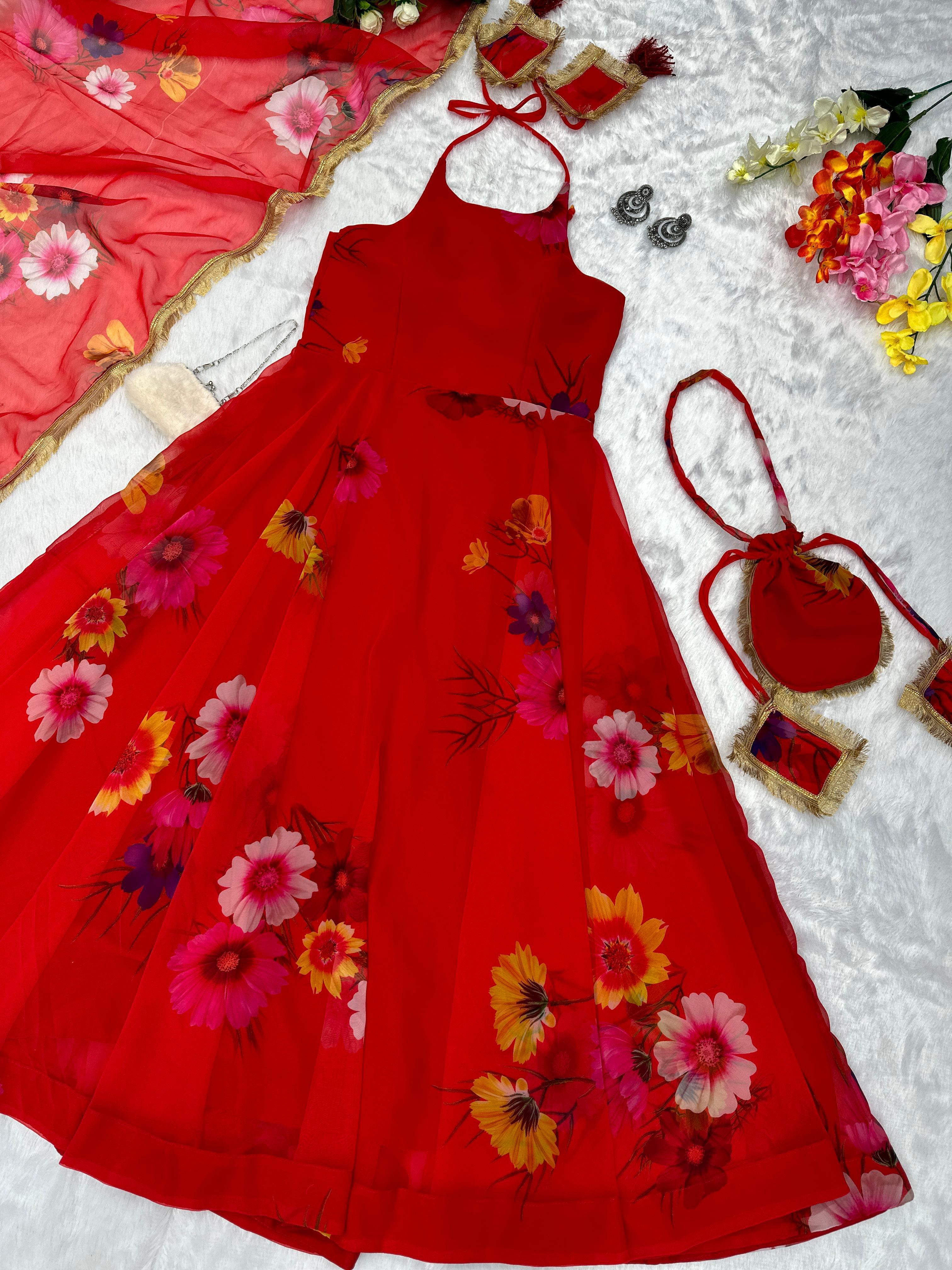 Wonderful Multi Color Flower Print Red Color Anarkali Gown