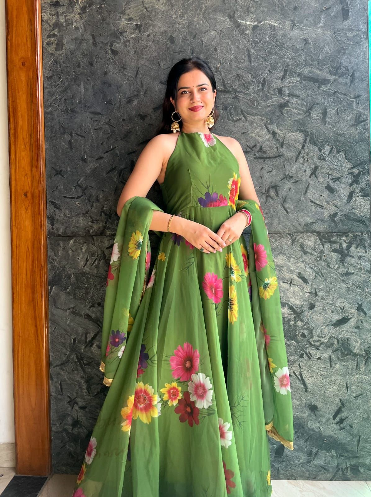 Wonderful Multi Color Flower Print Green Color Anarkali Gown