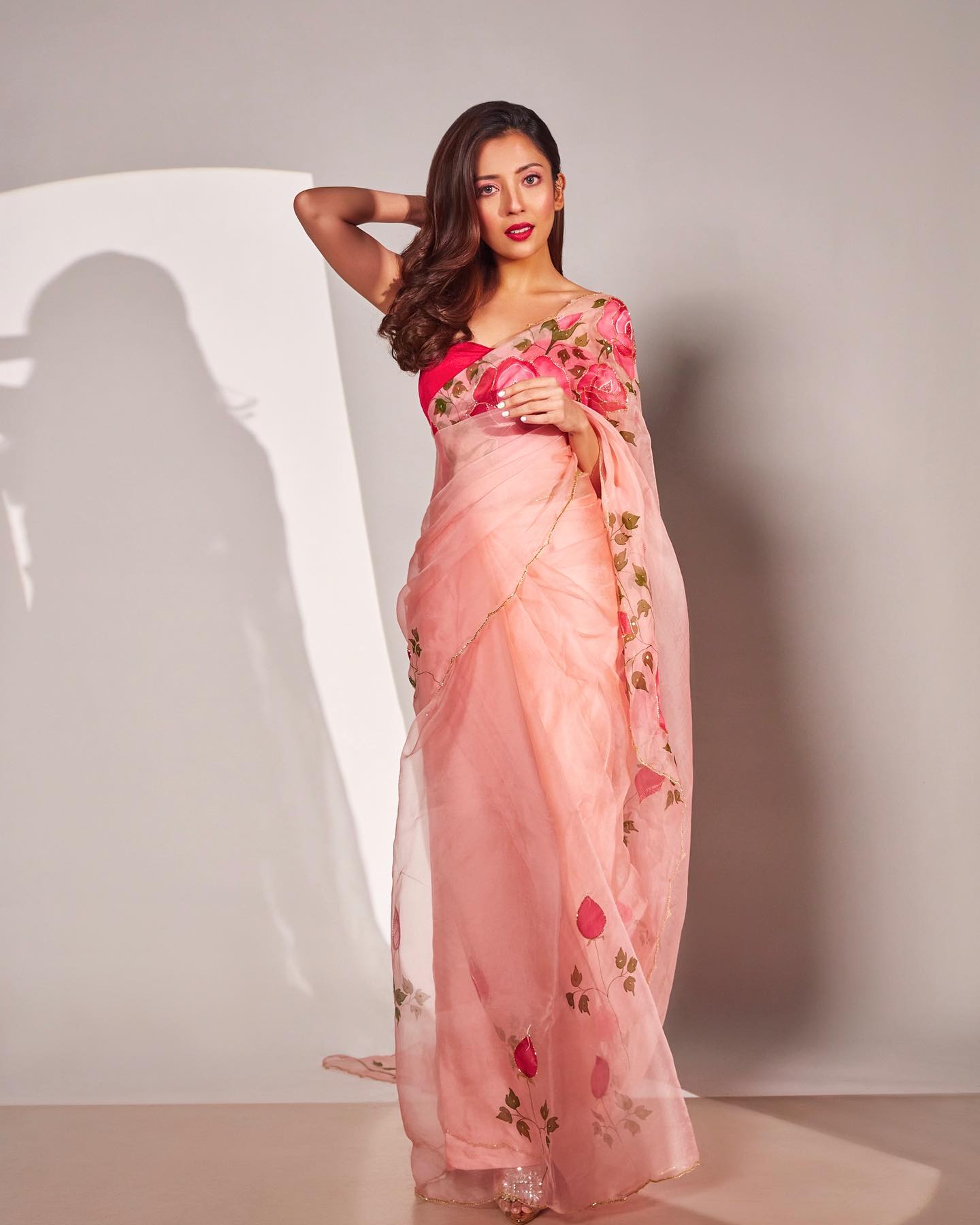 Amazing Hand Print Floral Design Heavy Work Light Pink Saree