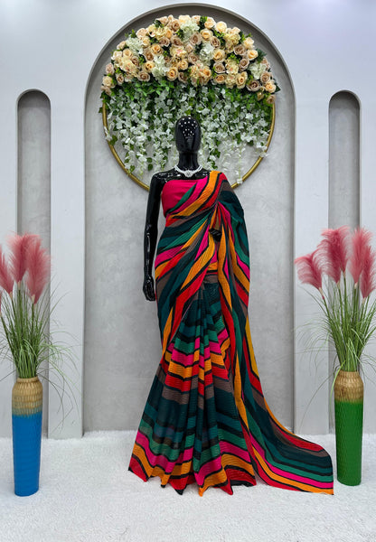 Party Wear Multi Color Crochet Work Printed Saree