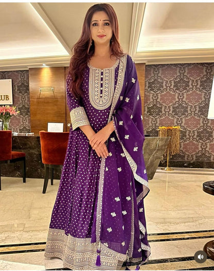 Festive Wear Purple Faux Georgette Embroidery Work Anarkali Gown