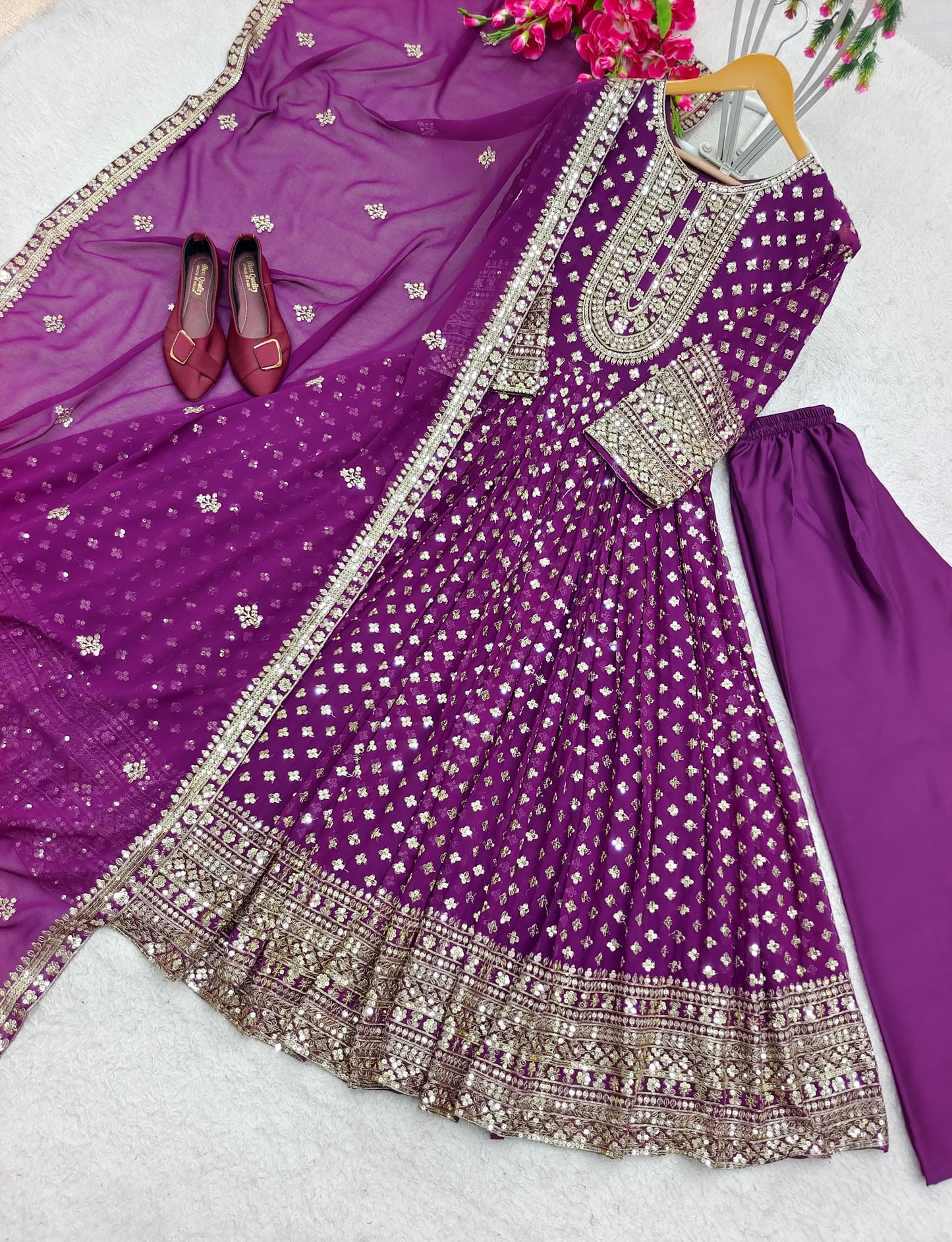 Festive Wear Purple Faux Georgette Embroidery Work Anarkali Gown