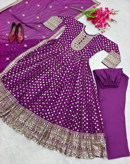 Festive Wear Purple Faux Georgette Embroidery Work Anarkali Gown