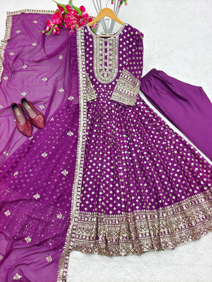 Festive Wear Purple Faux Georgette Embroidery Work Anarkali Gown