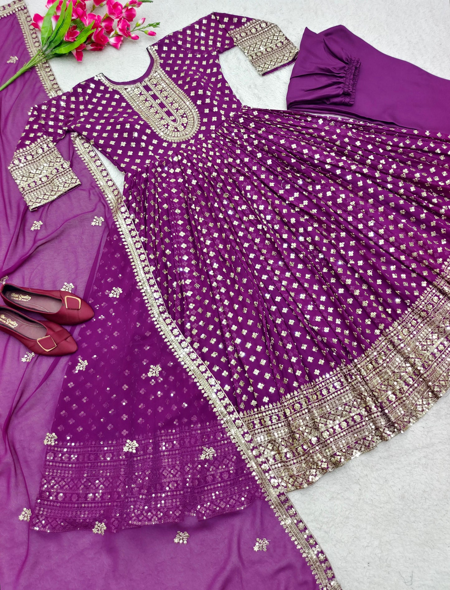 Festive Wear Purple Faux Georgette Embroidery Work Anarkali Gown