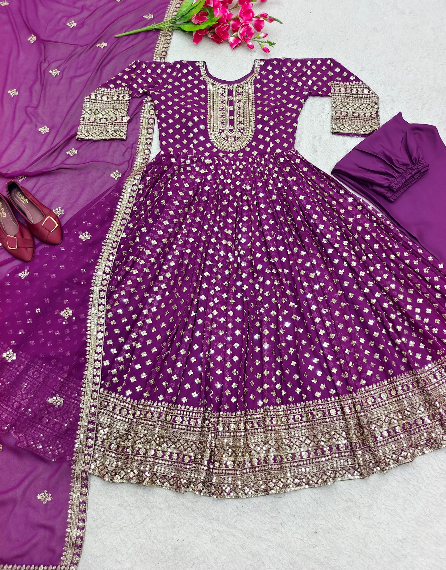 Festive Wear Purple Faux Georgette Embroidery Work Anarkali Gown