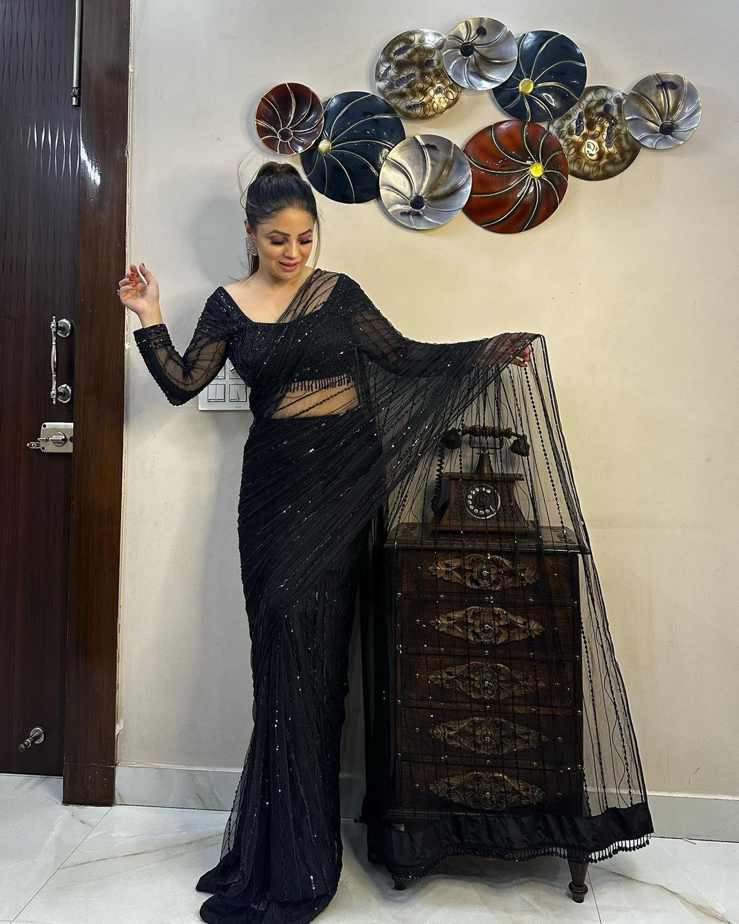 Exclusive Black Color Fancy Lace Border Ready To Wear Saree