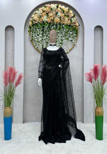 Exclusive Black Color Fancy Lace Border Ready To Wear Saree