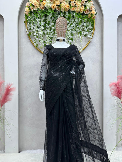 Exclusive Black Color Fancy Lace Border Ready To Wear Saree