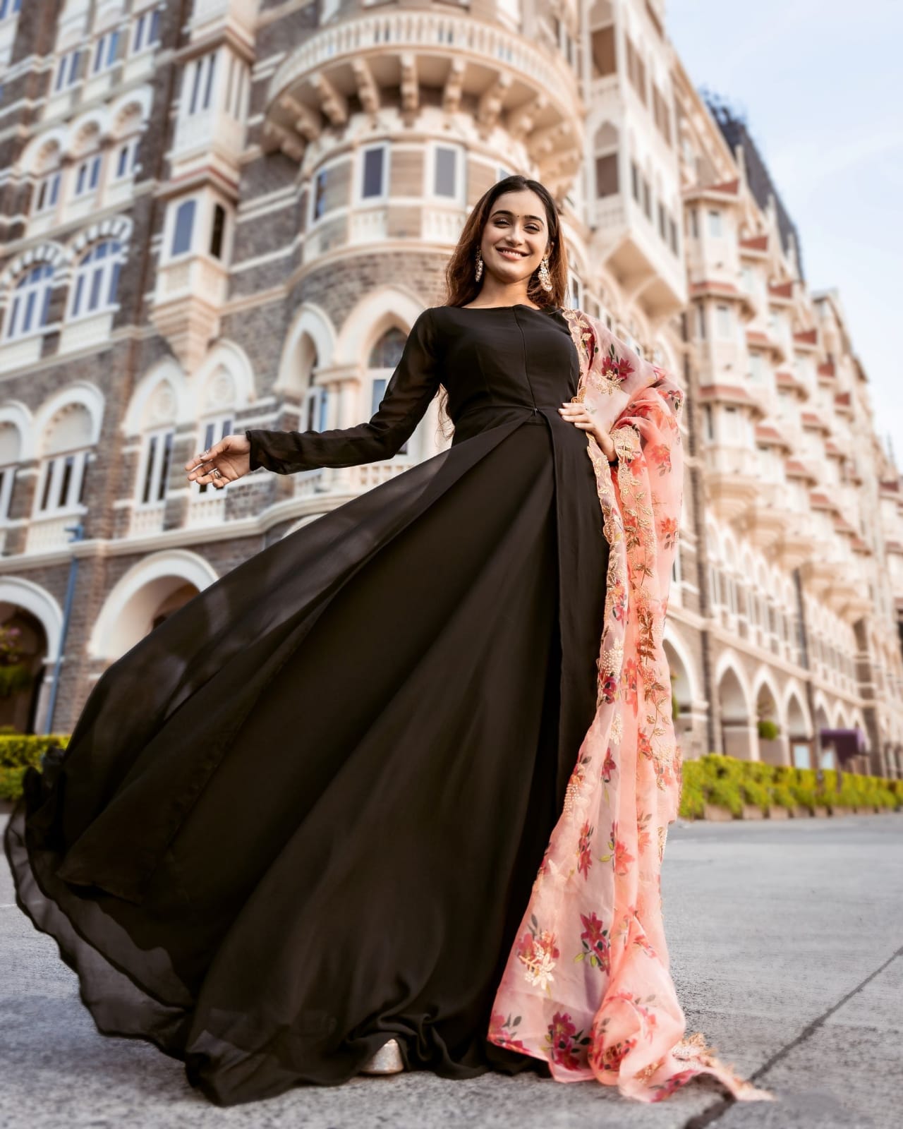 Awesome Plain Black Long Gown With Organza Dupatta