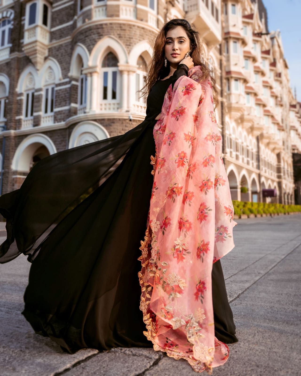 Awesome Plain Black Long Gown With Organza Dupatta