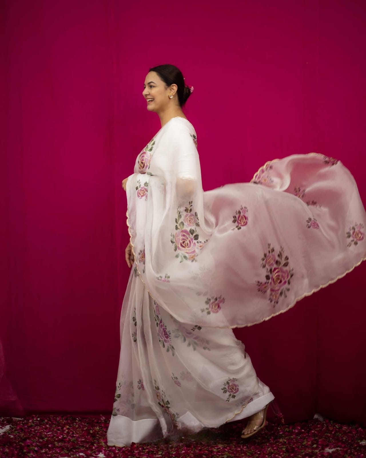 Beautiful Floral Prints White Organza Silk Saree