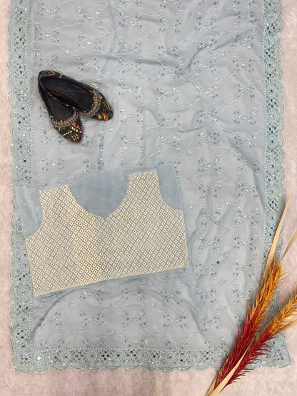 Marvelous Sequence Embroidery Work Sky Blue Saree