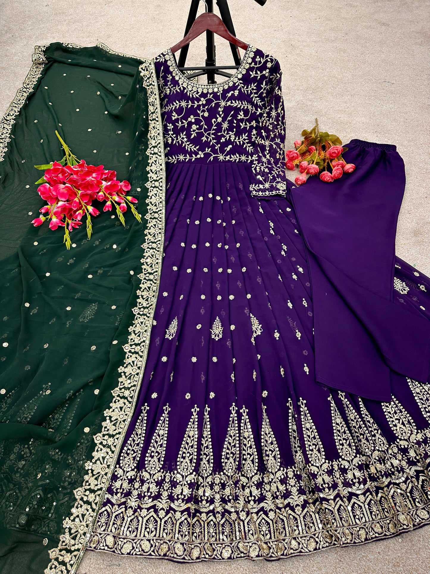 Purple Heavy Embroidery Sequence Work Gown With Green Dupatta