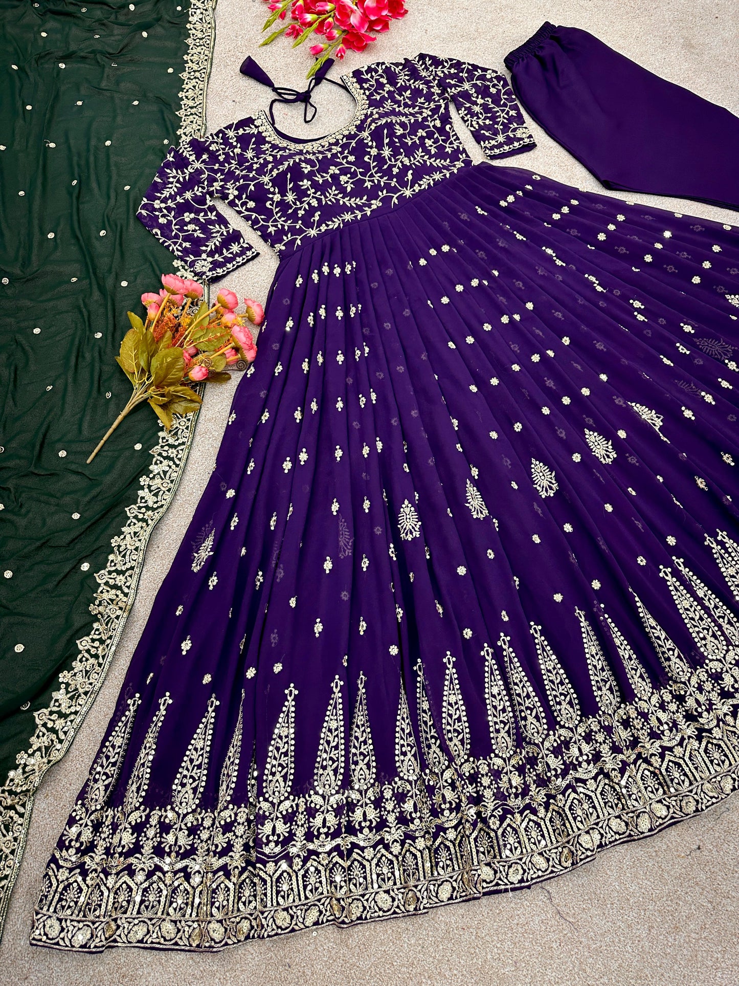 Purple Heavy Embroidery Sequence Work Gown With Green Dupatta