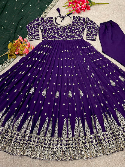 Purple Heavy Embroidery Sequence Work Gown With Green Dupatta