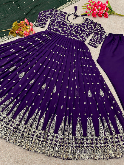 Purple Heavy Embroidery Sequence Work Gown With Green Dupatta