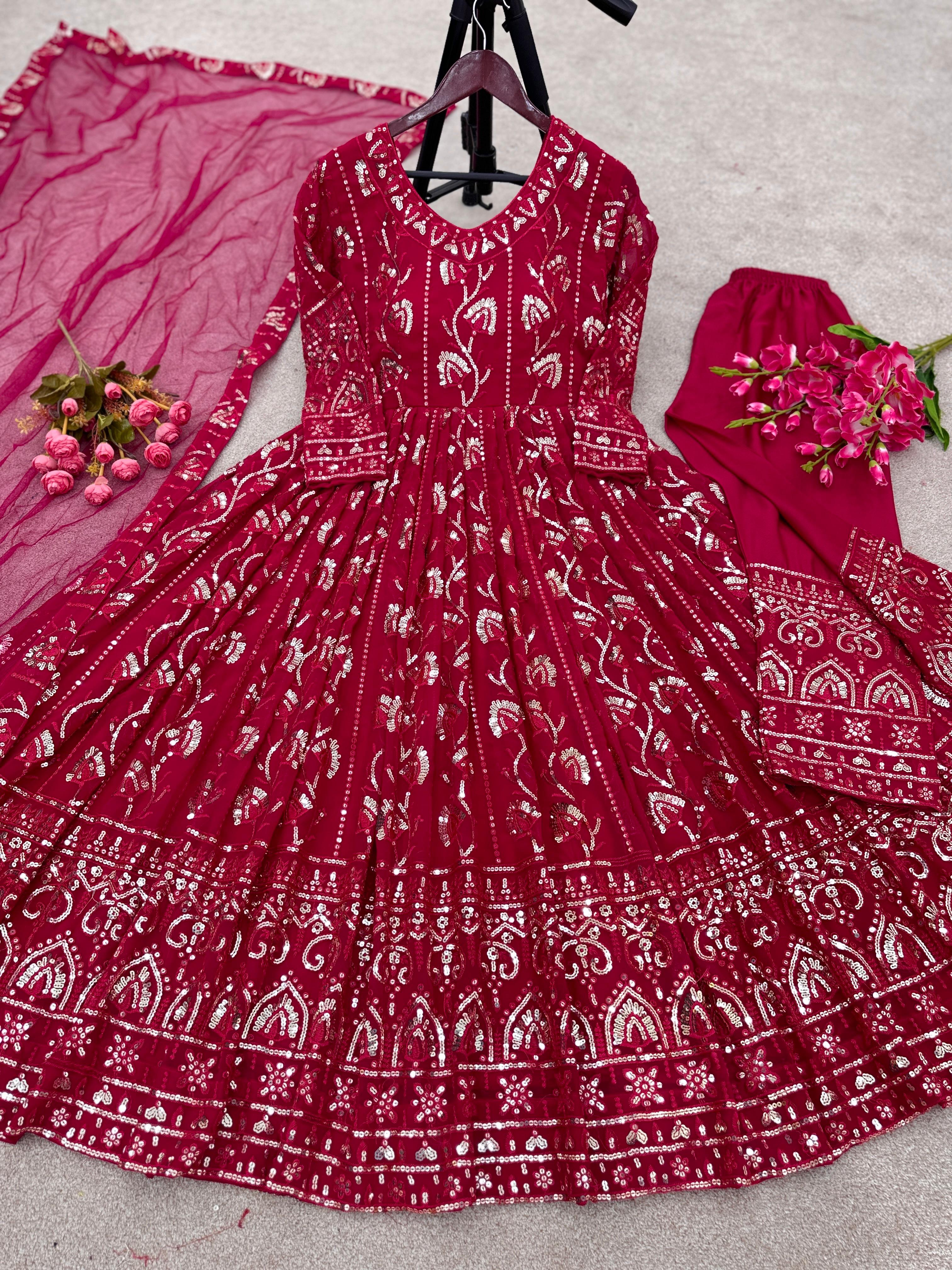 Party Wear Dark Pink Heavy Sequence Work Anarkali Gown