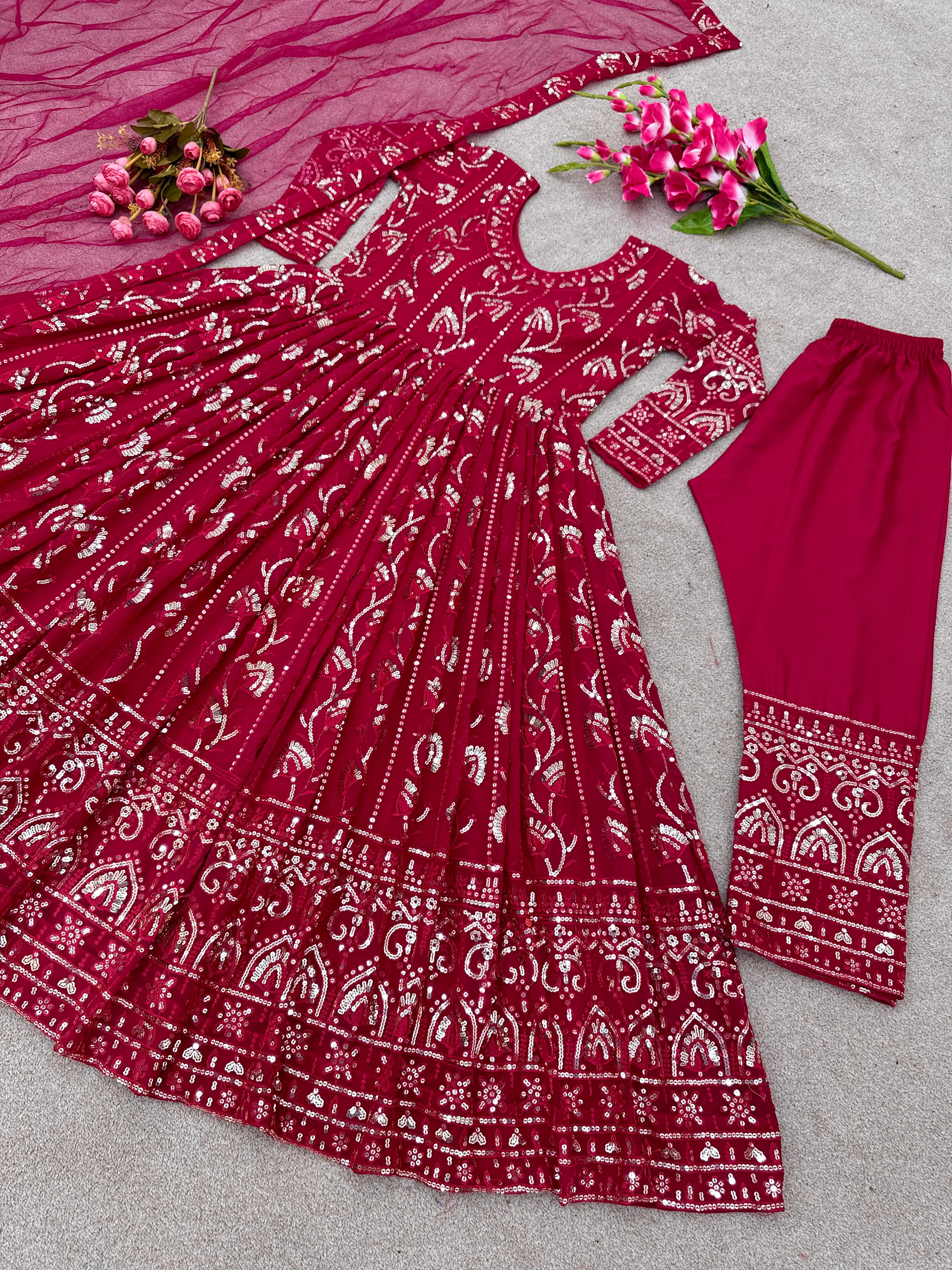 Party Wear Dark Pink Heavy Sequence Work Anarkali Gown