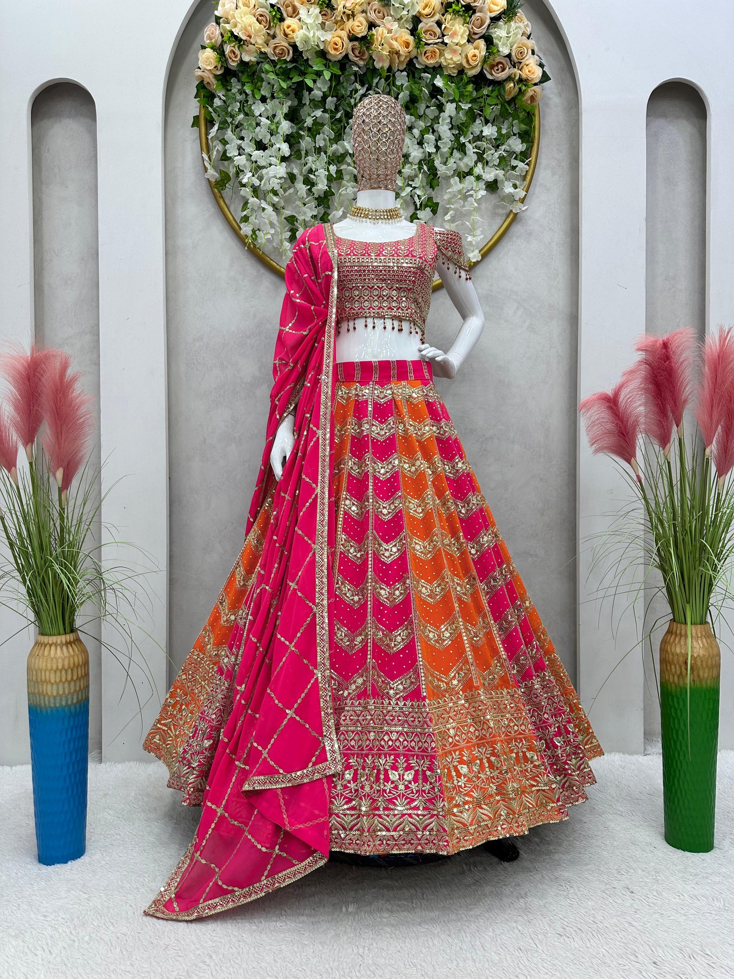 Bridal Wear Embroidered Sequence Work Pink and Orange Lehenga Choli