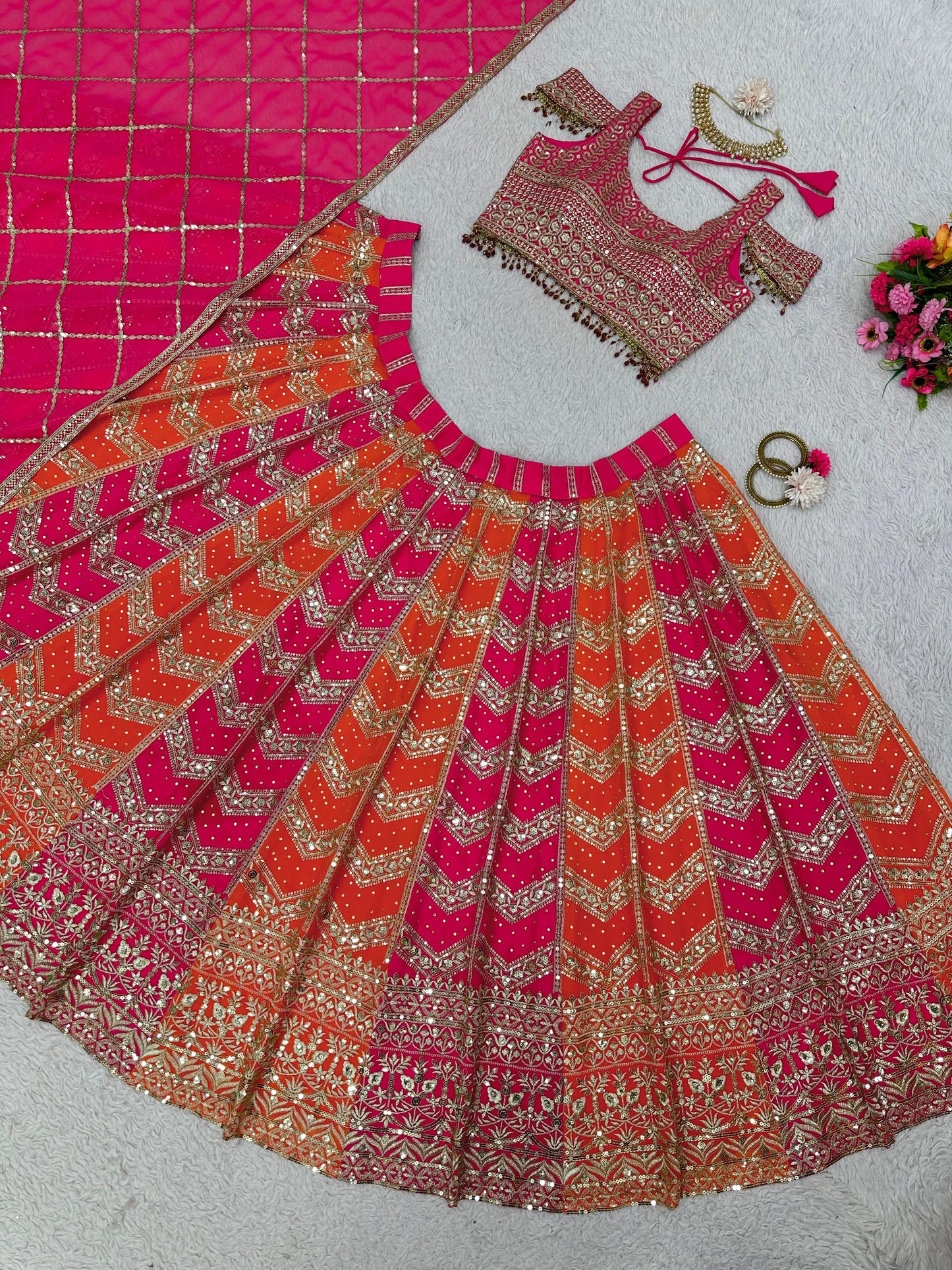 Bridal Wear Embroidered Sequence Work Pink and Orange Lehenga Choli